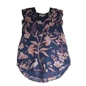 LOFT Blouse Blue w/ Pink Floral Bird Lined Sleeveless Casual Work Top XS